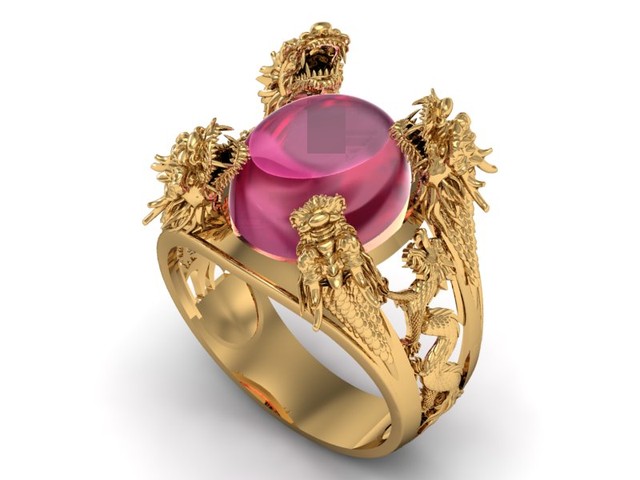 Nhẫn điêu khắc hình rồng và đá Ruby hồng phù hợp với những người mệnh Hỏa và đây là màu đá tương sinh cho mệnh Thổ