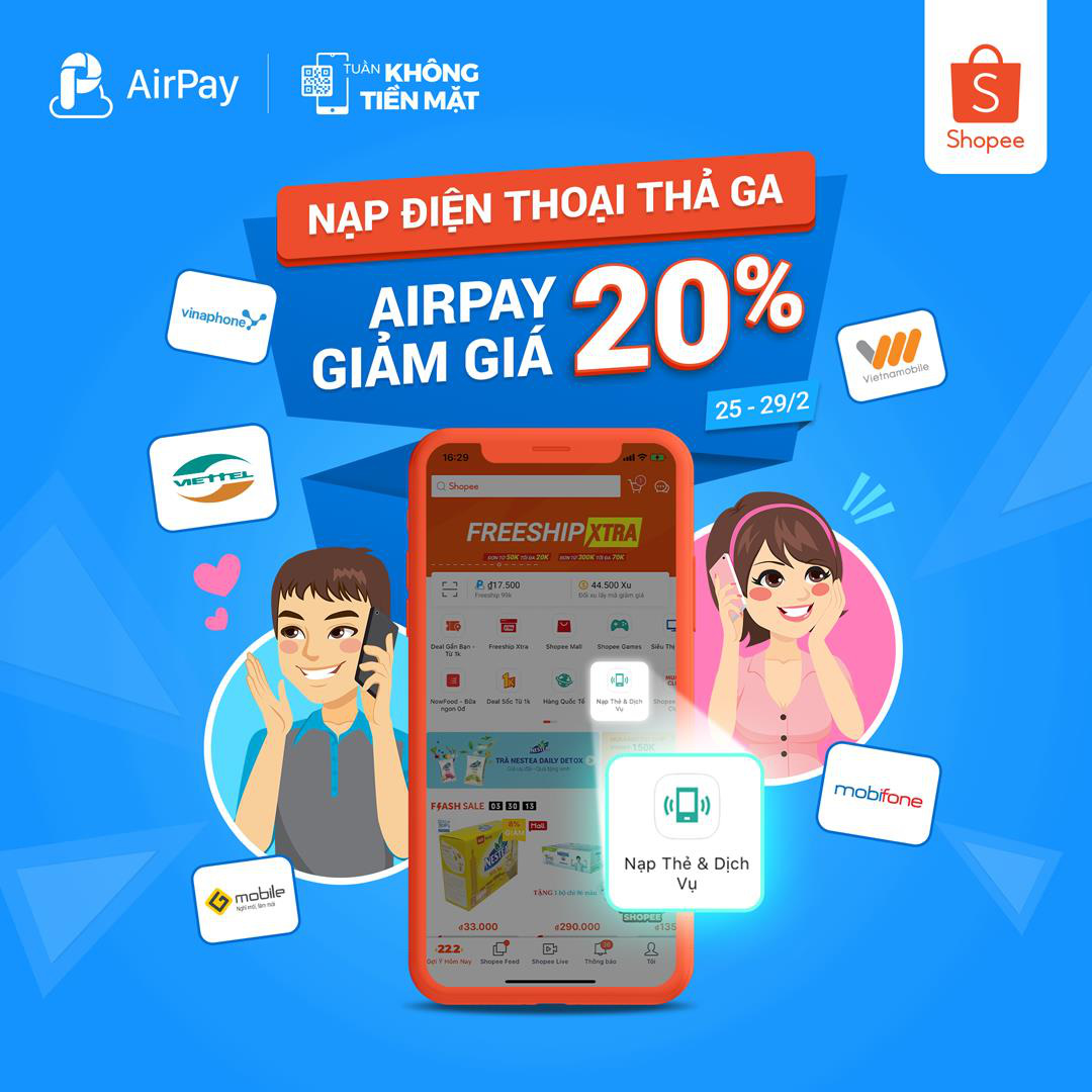 Ăn uống và nạp điện thoại thả ga, AirPay giảm giá 20% trên Shopee từ 25 - 29.02 - Ảnh 2.