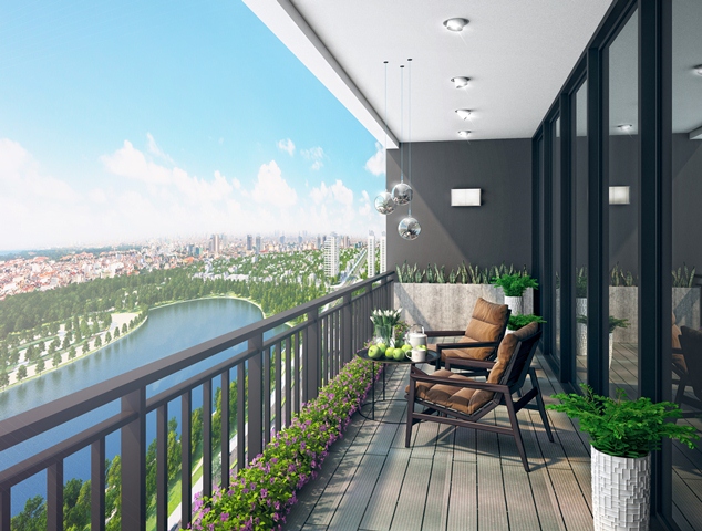 Phối cảnh ban công phòng khách căn hộ Lakeside Residence, nhìn ra công viên Hồ điều hòa quận Bắc Từ Liêm.