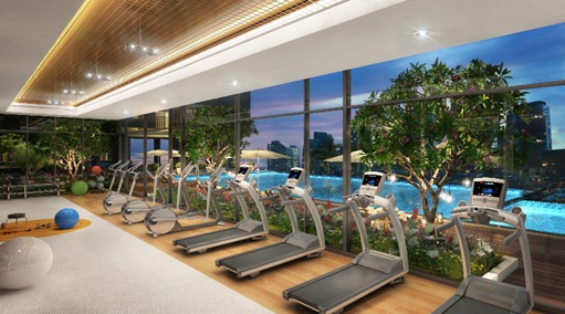 Phòng tập gym của dự án M-One Nam Sài Gòn có view nhìn ra hồ bơi.