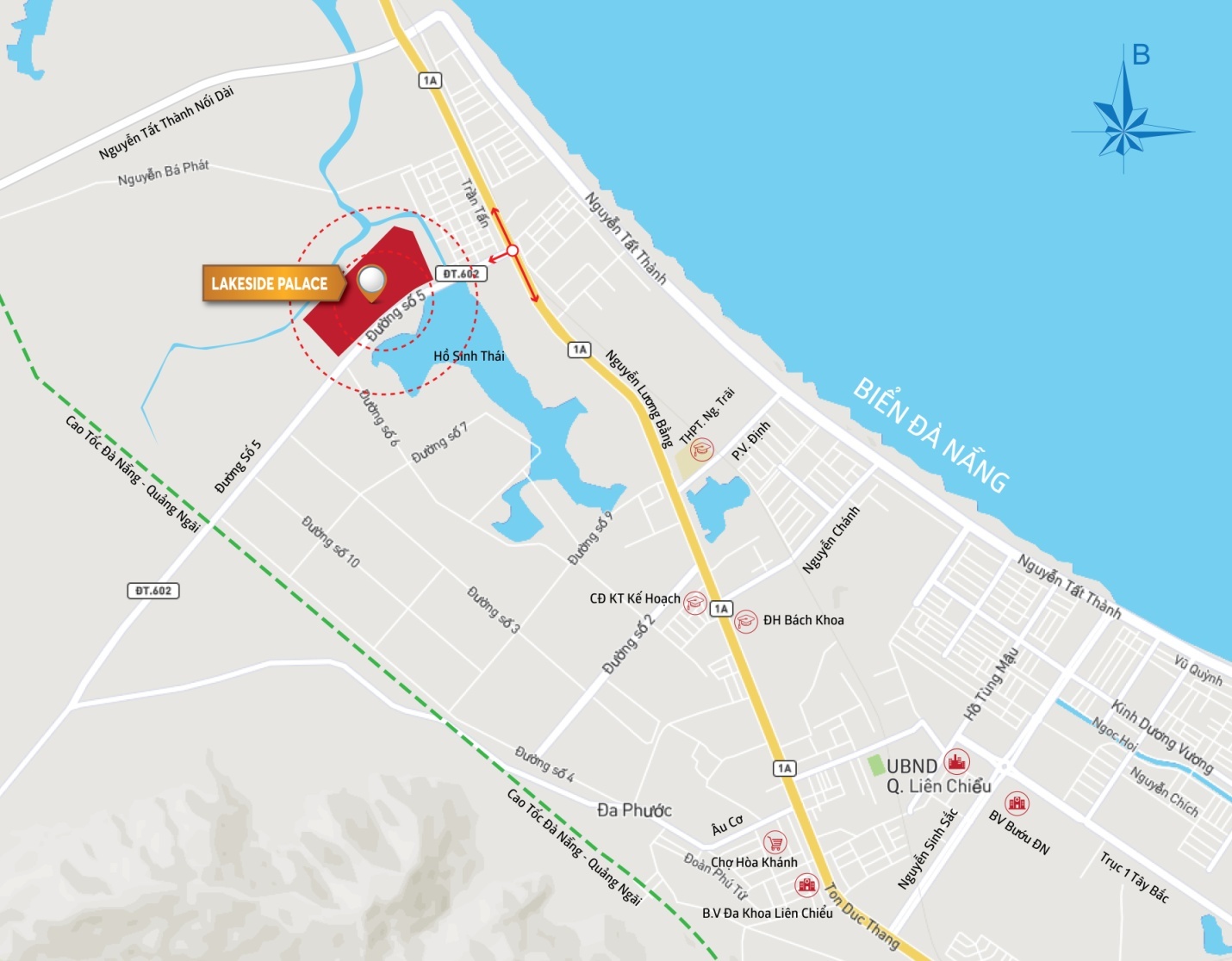 Sơ đồ vị trí Shophouse Lakeside Palace mặt hồ đầu tiên tại trung tâm Quận Liên Chiểu, TP Đà Nẵng.
