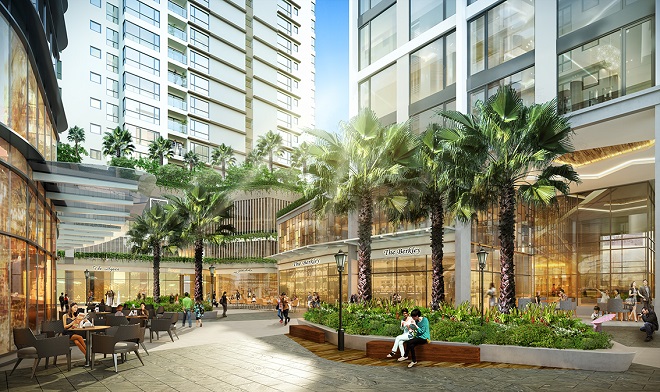 Điểm nhấn của Gateway Thao Dien là khu sân vườn cảnh quan đẹp tại tầng trệt, nơi tập trung những nhà hàng, quán café, theo tiêu chuẩn quốc tế (Ảnh phối cảnh).