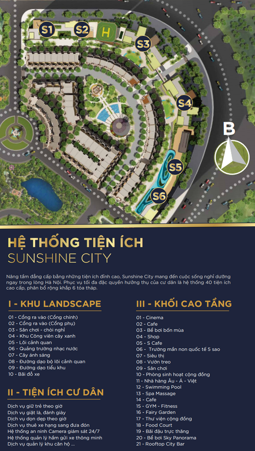 Dải tiện ích đồ sộ tại Sunshine City (thuộc khu đô thị Ciputra) bao gồm gần 40 tiện ích tiêu chuẩn 5 sao như: bể bơi panorama, bãi đỗ trực thăng, skybar, trung tâm thương mại, spa cao cấp…