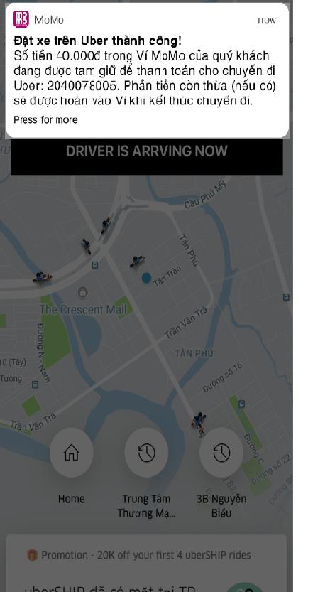 MoMo thông báo đặt xe Uber thành công.