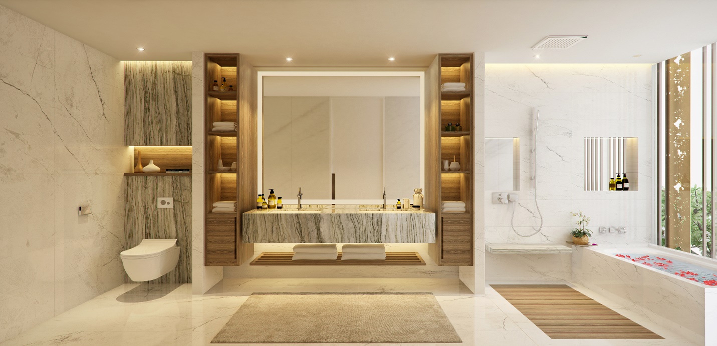 Phòng tắm được ốp lát toàn bộ bằng đá cẩm thạch tấm lớn.