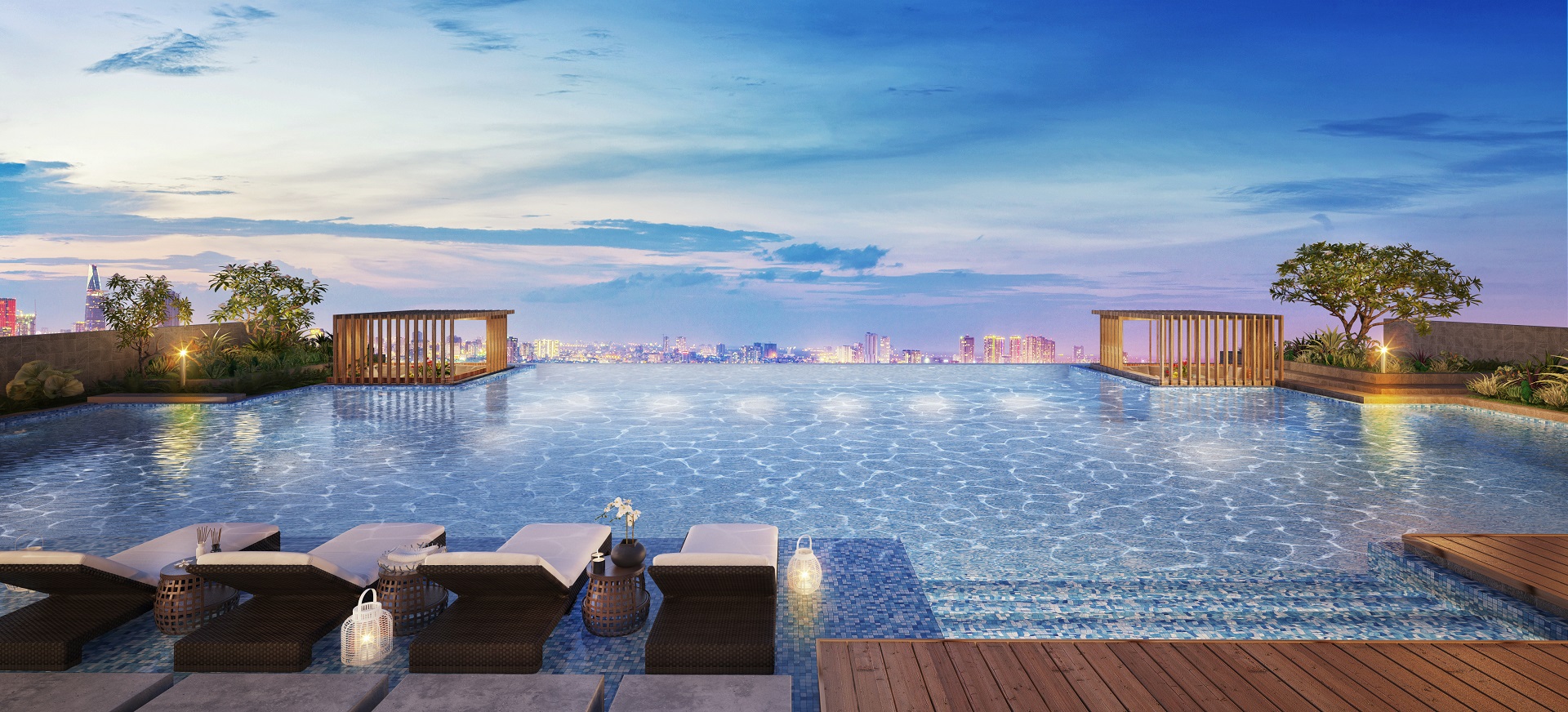 Hồ bơi chân mây view toàn cảnh thành phố.