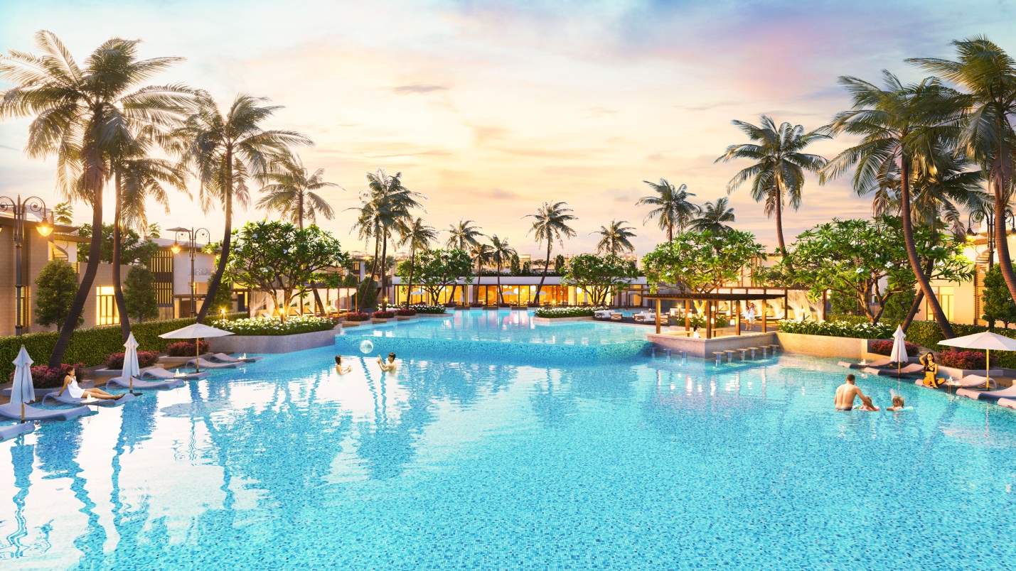 Phối cảnh hồ bơi trung tâm dự án Cam Ranh Mystery Villas.