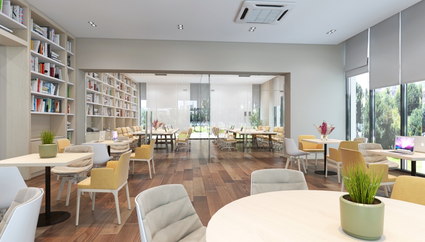 Không gian thư viện hiện đại, tràn ngập ánh sáng tự nhiên và có tính tương tác cao tại trường liên cấp của dự án Goldmark City.
