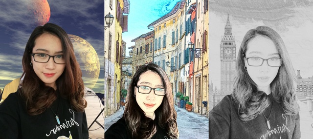 Muốn giả như đang đi du lịch ở đâu cũng được, chỉ cần mở AR Selfie lên, chọn ảnh nền theo ý muốn và bấm chụp thôi.