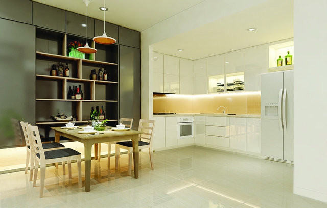Bếp và phòng ăn thiết kế liên thông với phòng khách tạo cho căn hộ Saigon South Plaza một không gian thoáng mát.