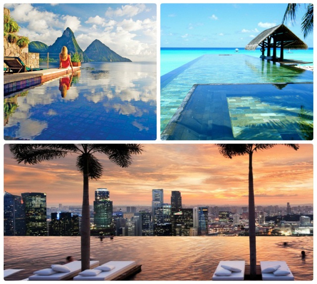 (Từ trái sang, từ trên xuống): Bể vô cực khu nghỉ dưỡng Jade Mountain (Saint Lucia); Bể thiên đường Paradise Pool (Bali, Indonesia) và Bể Skypark, Marina Bay Sands (Singapore).