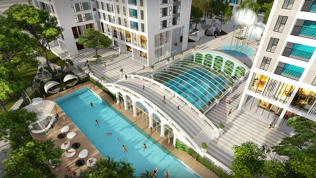 Phối cảnh khu hỗn hợp Bể bơi bốn mùa & ngoài trời tại Hồng Hà Eco City.