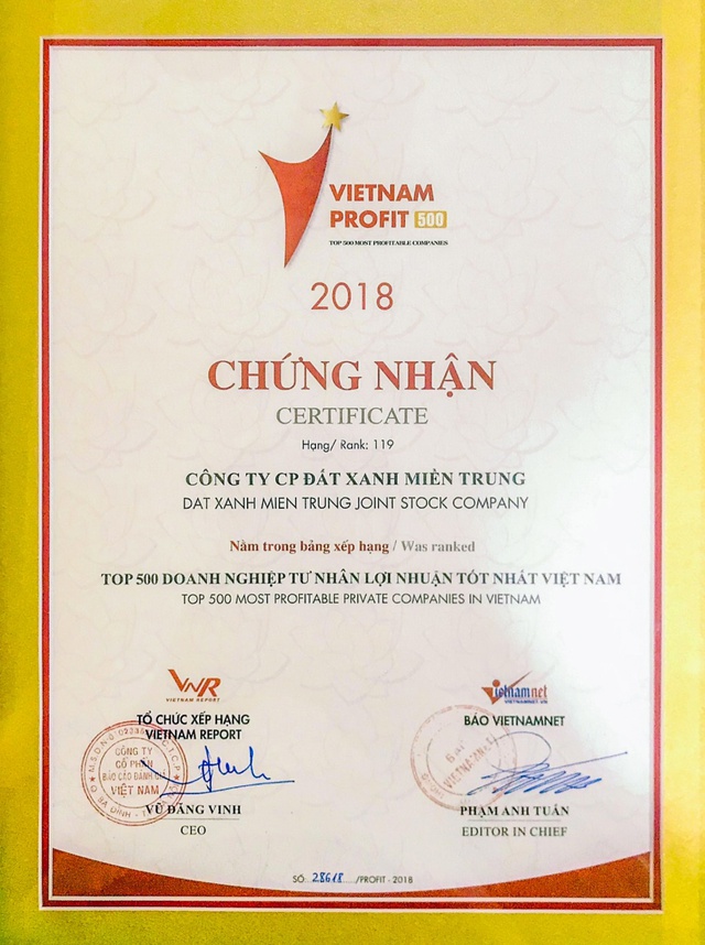 Đất Xanh Miền Trung bứt phá vị thế mới tại giải thưởng top 500 doanh nghiệp lợi nhuận tốt nhất Việt Nam 2018 - Ảnh 1.