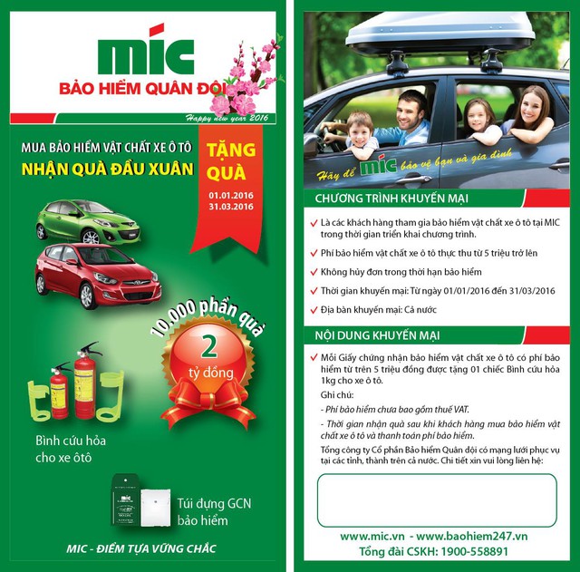 Chương trình KM của MIC Mua bảo hiểm vật chất xe ô tô - nhận quà đầu xuân