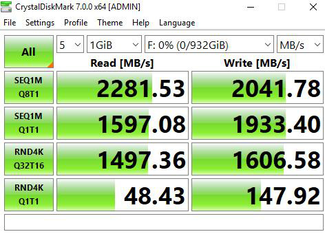 Tốc độ đọc/ghi tuần tự của WD SN550 NVMe 1TB khi chấm bằng CrystalDiskMark 7.