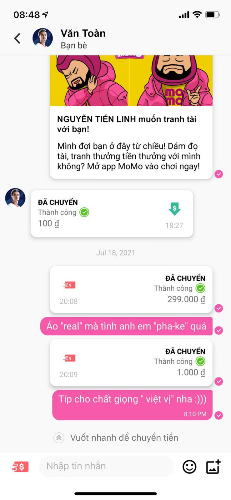 Đẹp trai không nợ dai, Tiến Linh “MoMo liền” trả tiền áo, hào phóng “tip thêm” cho giọng ca của Văn Toàn - Ảnh 3. Đẹp trai không nợ dai, Tiến Linh “MoMo liền” trả tiền áo, hào phóng “tip thêm” cho giọng ca của Văn Toàn - Ảnh 3.