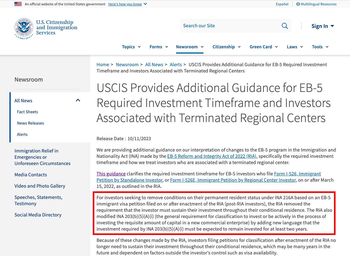 USCIS: Bổ sung thời gian quy định đầu tư xuống tối thiểu 2 năm cho chương trình EB-5 - Ảnh 1.