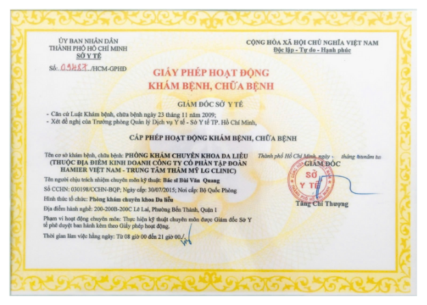 Trung tâm thẩm mỹ LG Clinic quận 1 đạt chuẩn với giấy phép chuyên khoa da liễu - Ảnh 1.