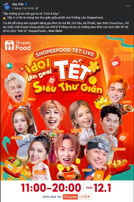 Sau Kiểu A Kay, Kay Trần đổi nghệ danh Chill A Kay tại phiên livestream ShopeeFood Tết Live - Ảnh 1.