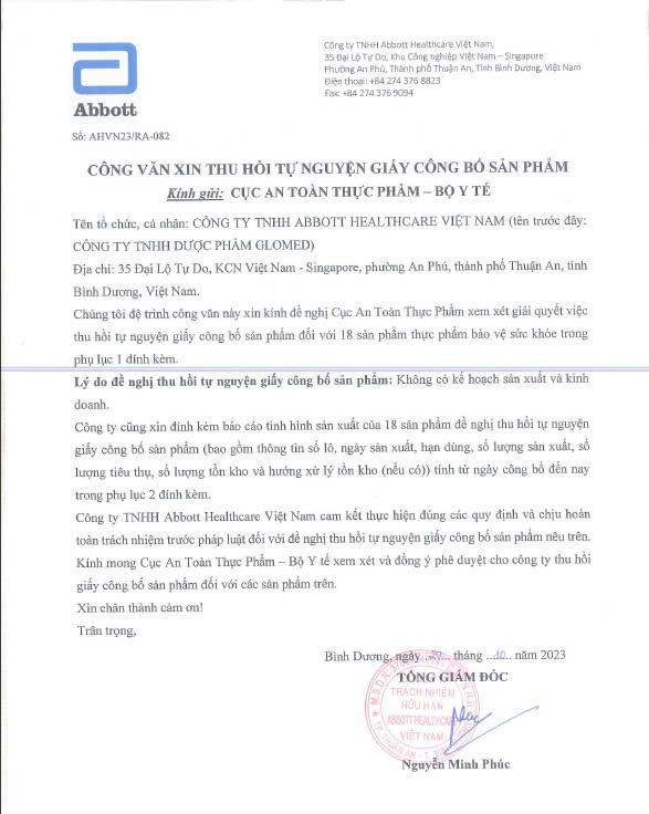 Lý do Abbott Healthcare Việt Nam chủ động thu hồi công bố sản phẩm - Ảnh 1. Lý do Abbott Healthcare Việt Nam chủ động thu hồi công bố sản phẩm - Ảnh 1.