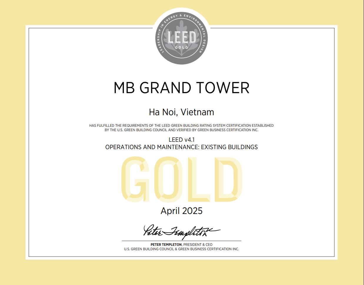 MB Tower đạt chứng chỉ LEED Gold: Bước tiến trong chiến lược phát triển bền vững- Ảnh 1. MB Tower đạt chứng chỉ LEED Gold: Bước tiến trong chiến lược phát triển bền vững- Ảnh 1.