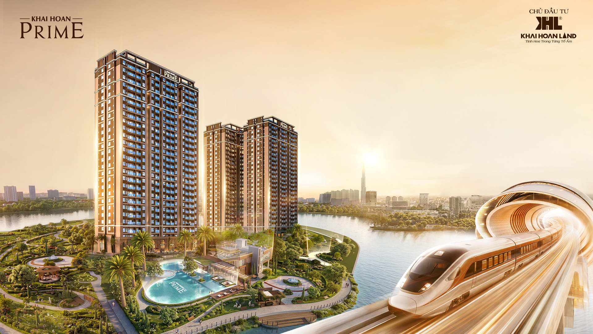Khải Hoàn Prime nhìn từ trên cao, sông và tháp căn hộ
