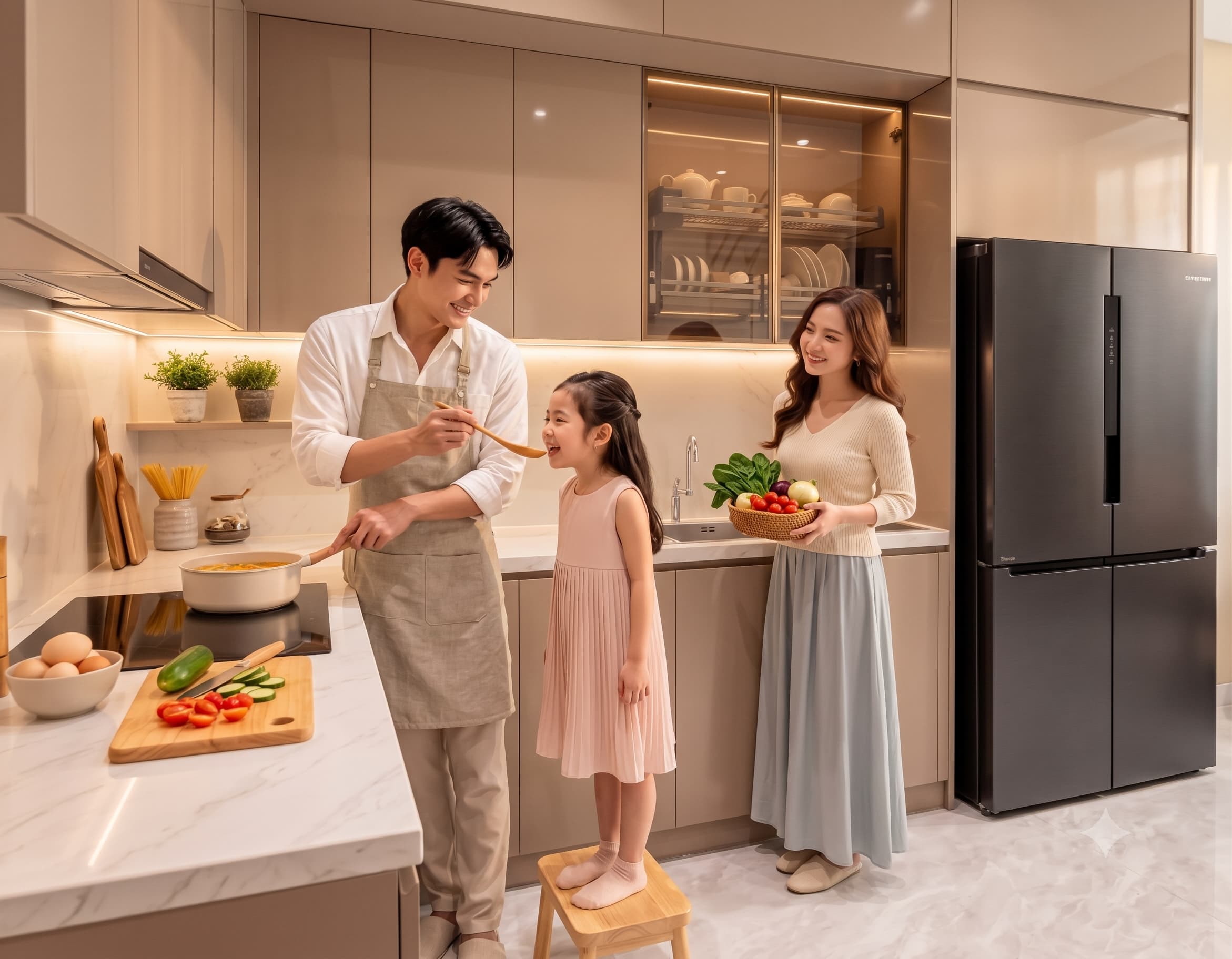 Gia đình nấu ăn trong bếp