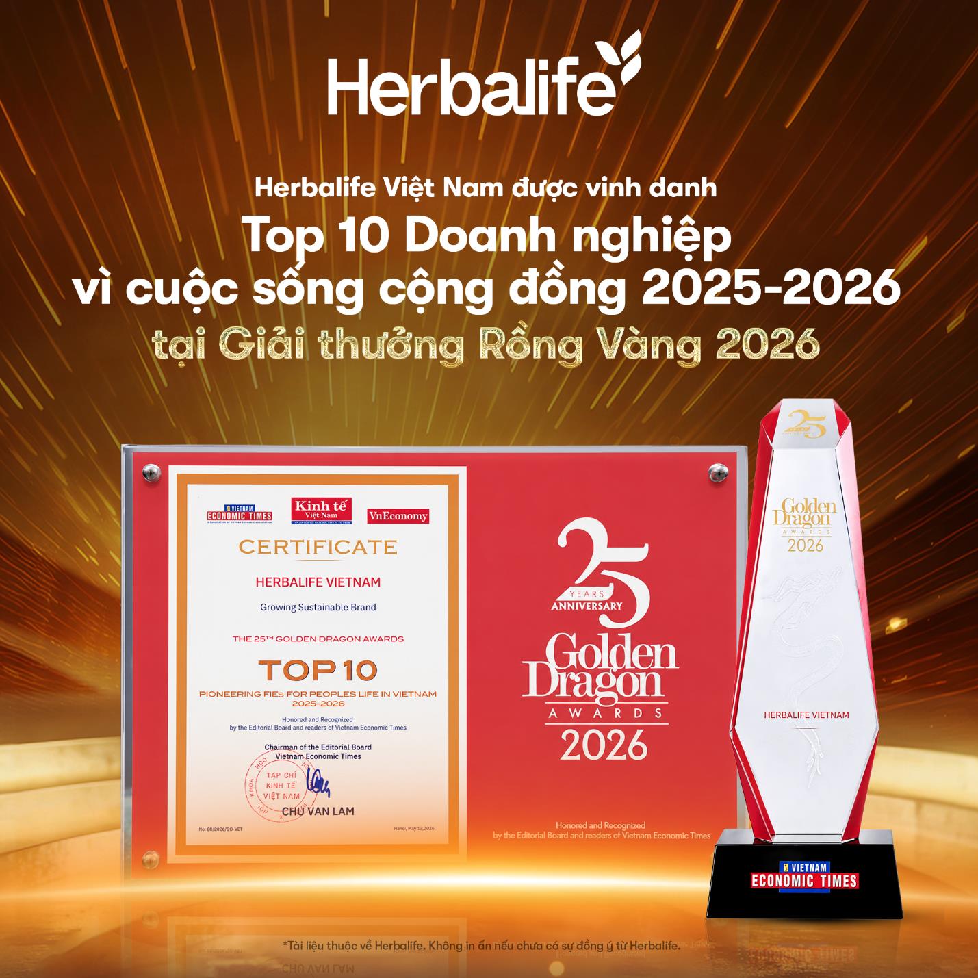 Herbalife lọt Top 10 Doanh nghiệp vì cuộc sống cộng đồng tại Giải thưởng Rồng Vàng 2026 - Ảnh 1. Herbalife lọt Top 10 Doanh nghiệp vì cuộc sống cộng đồng tại Giải thưởng Rồng Vàng 2026 - Ảnh 1.