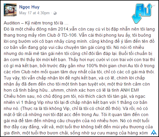 Một trích đoạn trong câu chuyện của Ngọc Huy – một gamer nhờ Audition mà đã tìm được một người anh em chân thành