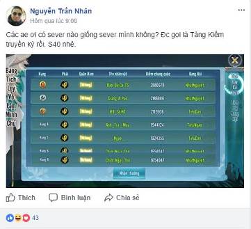 Một game thủ chia sẻ hình ảnh top 10 cá nhân Võ Lâm Minh Chủ của server 40 đều là Tàng Kiếm.