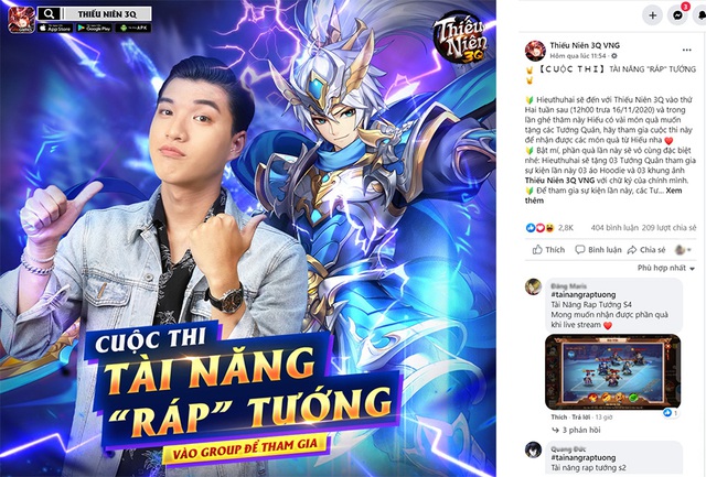 Thông báo chính thức từ fanpage Thiếu Niên 3Q về cuộc thi "Tài năng "ráp" tướng" cùng khách mời livestream – Hieuthuhai vào 12:00 ngày 16/11.