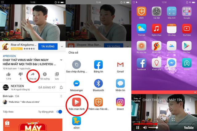 Chế độ Trên màn hình cực kỳ hữu dụng: Người dùng Bphone giờ đây có thể xem bất cứ video trên YouTube nào ở bất cứ nơi đâu. Chỉ cần chọn