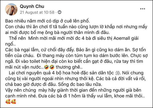 Cô cháu gái đăng ảnh đưa 4 người bà đi AEON MALL chơi được cộng đồng mạng chia sẻ rần rần - Câu chuyện chữa lành “tổn thương Covid-19 bằng thông điệp nhân văn - Ảnh 1.