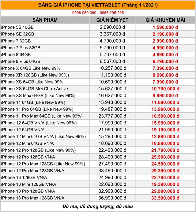 Bảng giá iPhone tại Viettablet – iPhone 13 Pro Max giá cực tốt, XS Max, 12 Pro Max giảm sâu! [HOT]