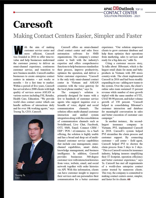 Caresoft lọt top 10 nhà cung cấp hệ thống Contact Center khu vực châu Á Thái Bình Dương - Ảnh 1.