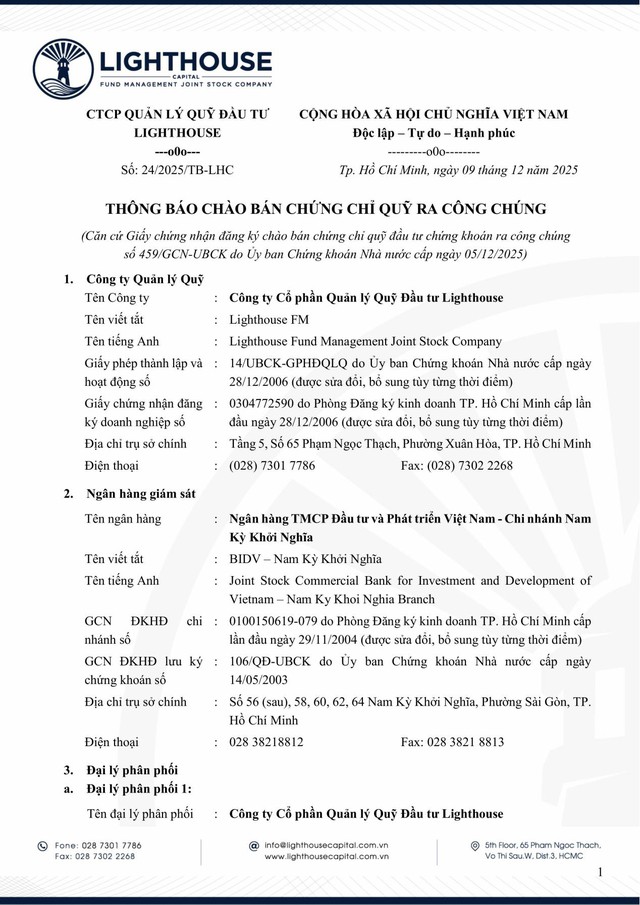 Lighthouse Capital thông báo chào bán chứng chỉ Quỹ LHFCF ra công chúng- Ảnh 1.