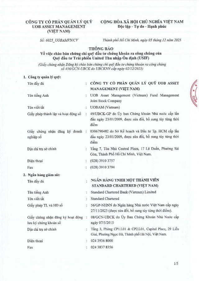 UOB Asset Management (Việt Nam) thông báo chào bán chứng chỉ Quỹ USIF ra công chúng- Ảnh 1.