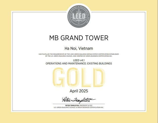 MB Tower đạt chứng chỉ LEED Gold: Bước tiến trong chiến lược phát triển bền vững- Ảnh 1. MB Tower đạt chứng chỉ LEED Gold: Bước tiến trong chiến lược phát triển bền vững- Ảnh 1.