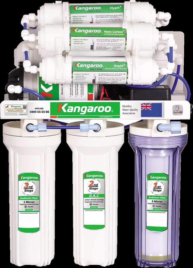 Cấu tạo đồng bộ của máy lọc nước Kangaroo Hydrogen từ các lõi lọc, bơm áp, adapter đến van từ cút nối tự làm kín
