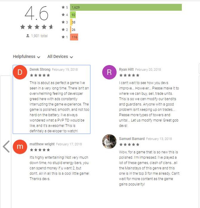 Những nhận xét và đánh giá 5* trên Play Store của Google dành cho Caravan War