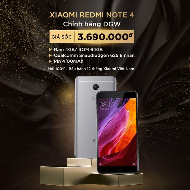  Điện thoại Xiaomi Redmi Note 4 4GB/64GB giảm còn 3,69 triệu đồng 