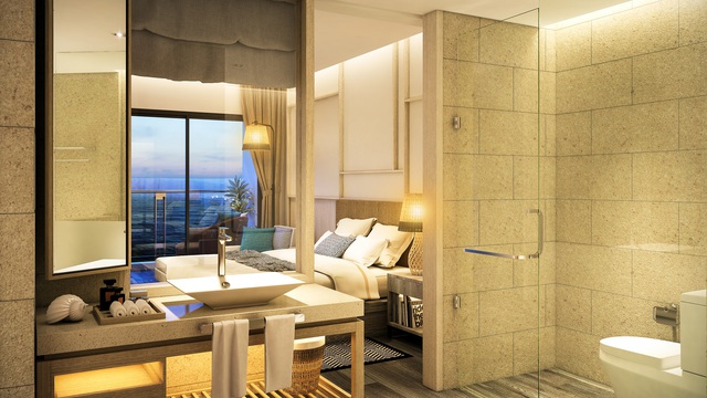 Trong mỗi căn hộ nghỉ dưỡng The Hamptons Hồ Tràm, phòng tắm với thiết kế nhìn trực diện ra biển